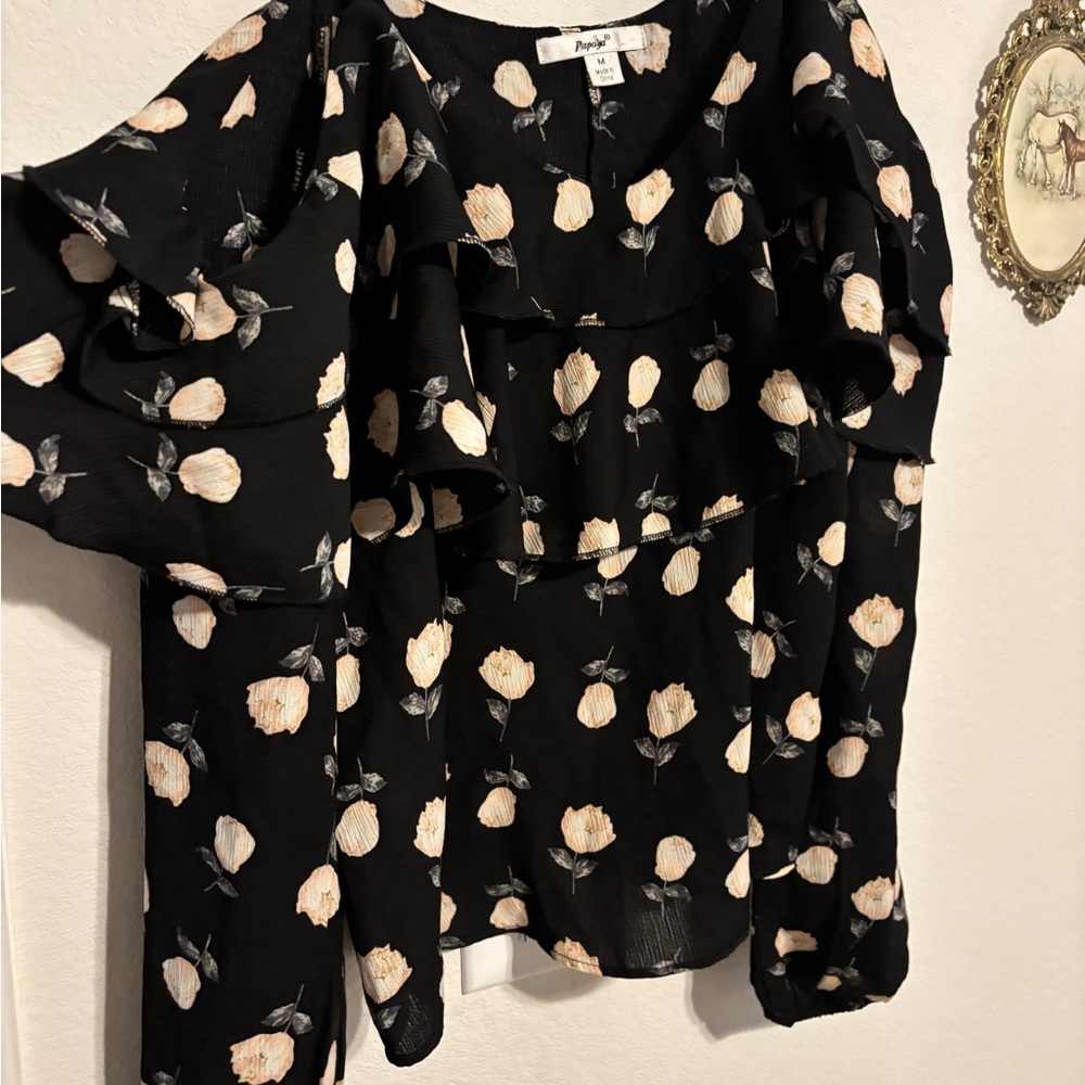 Floral Ruffle Black Top